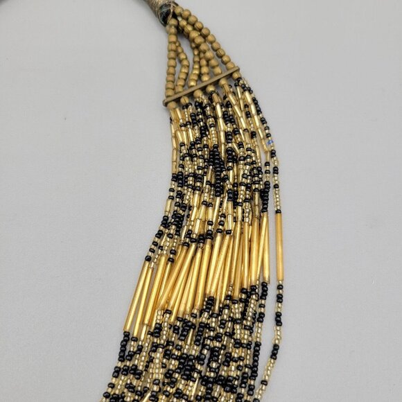 Multi-Strand Bib Necklace Glass Beads Gold Black Single Blue Bead - Picture 5 of 8